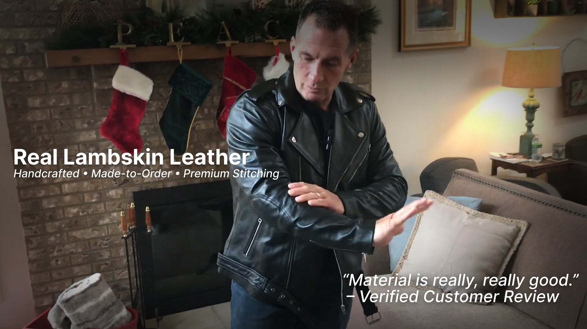 Load video: Customer review video demonstrating the leather biker jacket by Qawach, including close-up leather quality, fit, and craftsmanship.