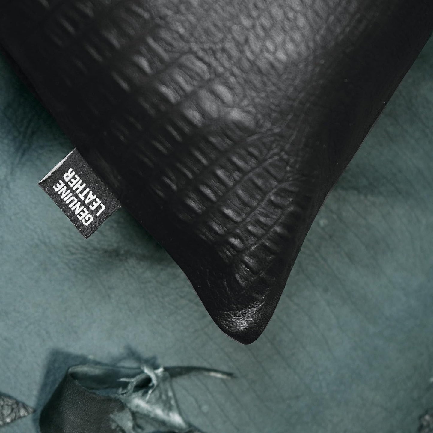 QAWACH Black Croc Pattern Genuine Leather Pillow Cover