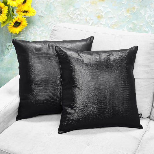 QAWACH Black Croc Pattern Genuine Leather Pillow Cover