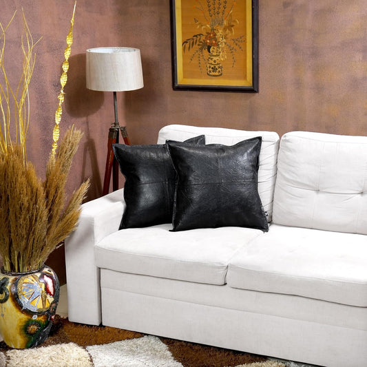 Black Crunch Box Leather Pillow Cover | QAWACH