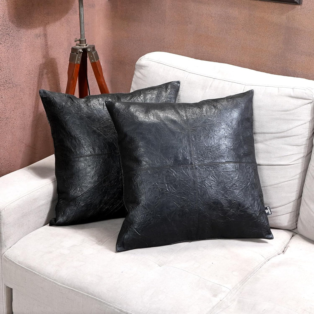 Black Crunch Plain Leather Pillow Cover | QAWACH