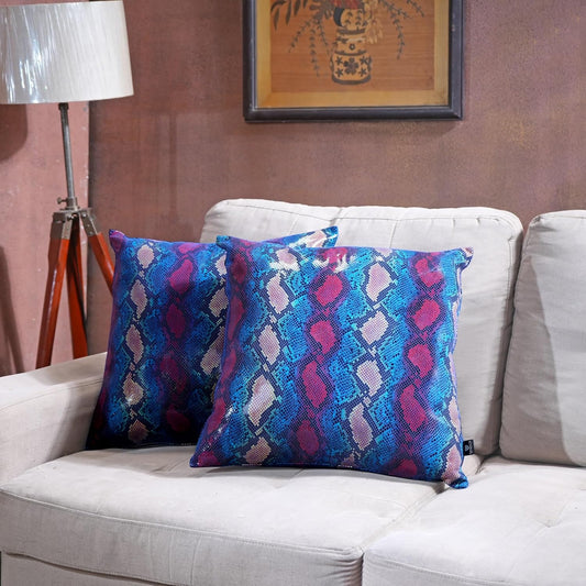QAWACH Bold Blue Python Style Genuine Leather Pillow Cover