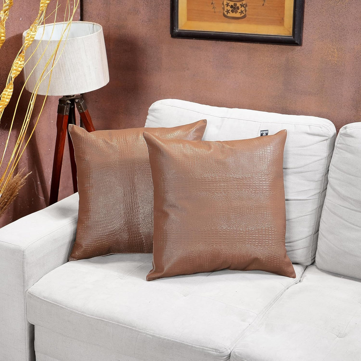 Brown Croco Leather Pillow Cover | QAWACH