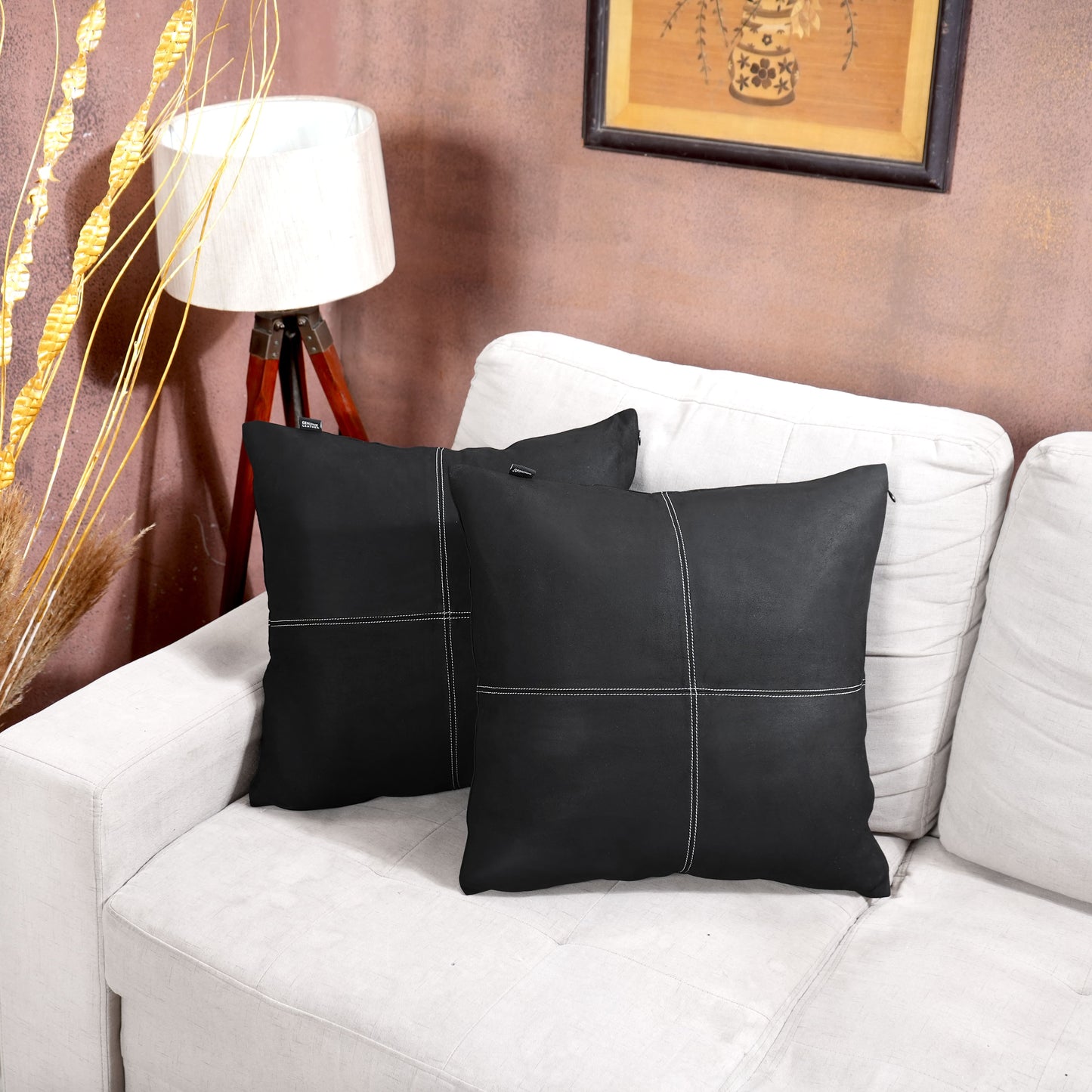 QAWACH Genuine Suede Black Leather Pillow Cover