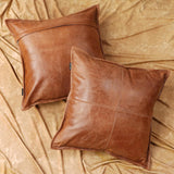 QAWACH Light Vintage Tan Genuine Leather Pillow Cover