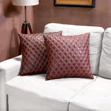 QAWACH Brown Quilted Pattern Genuine Leather Pillow Cover