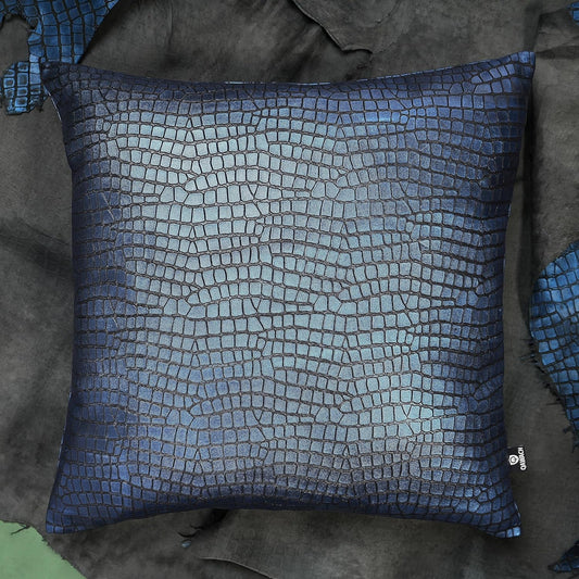 QAWACH Croc Metalic Blue Genuine Leather Pillow Cover
