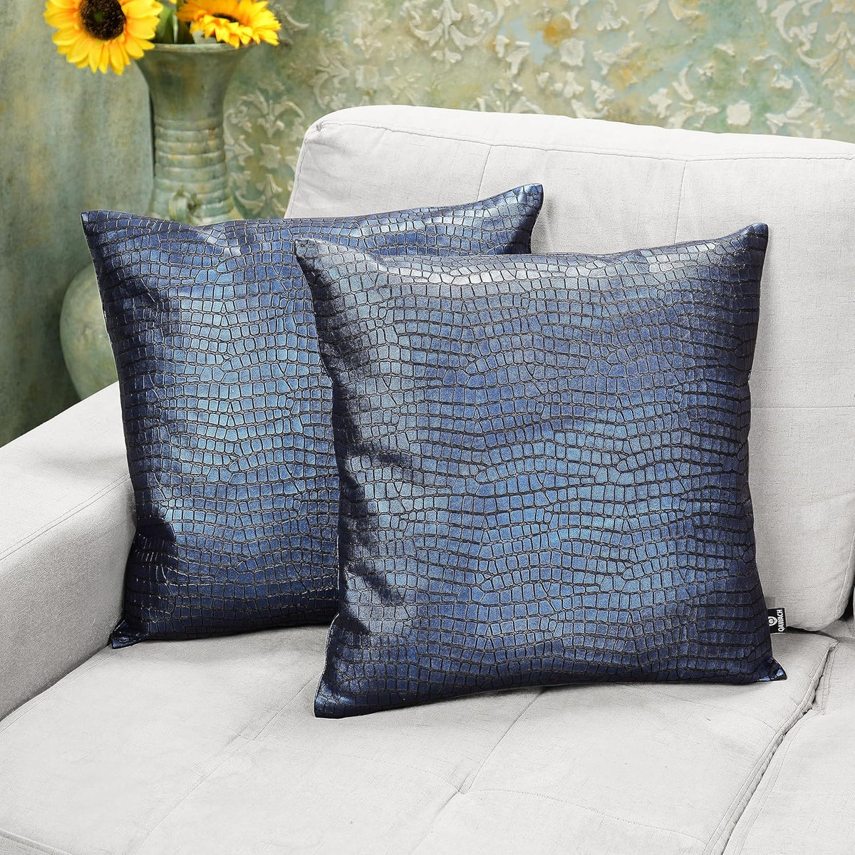 Metalic Blue Leather Pillow Cover | QAWACH