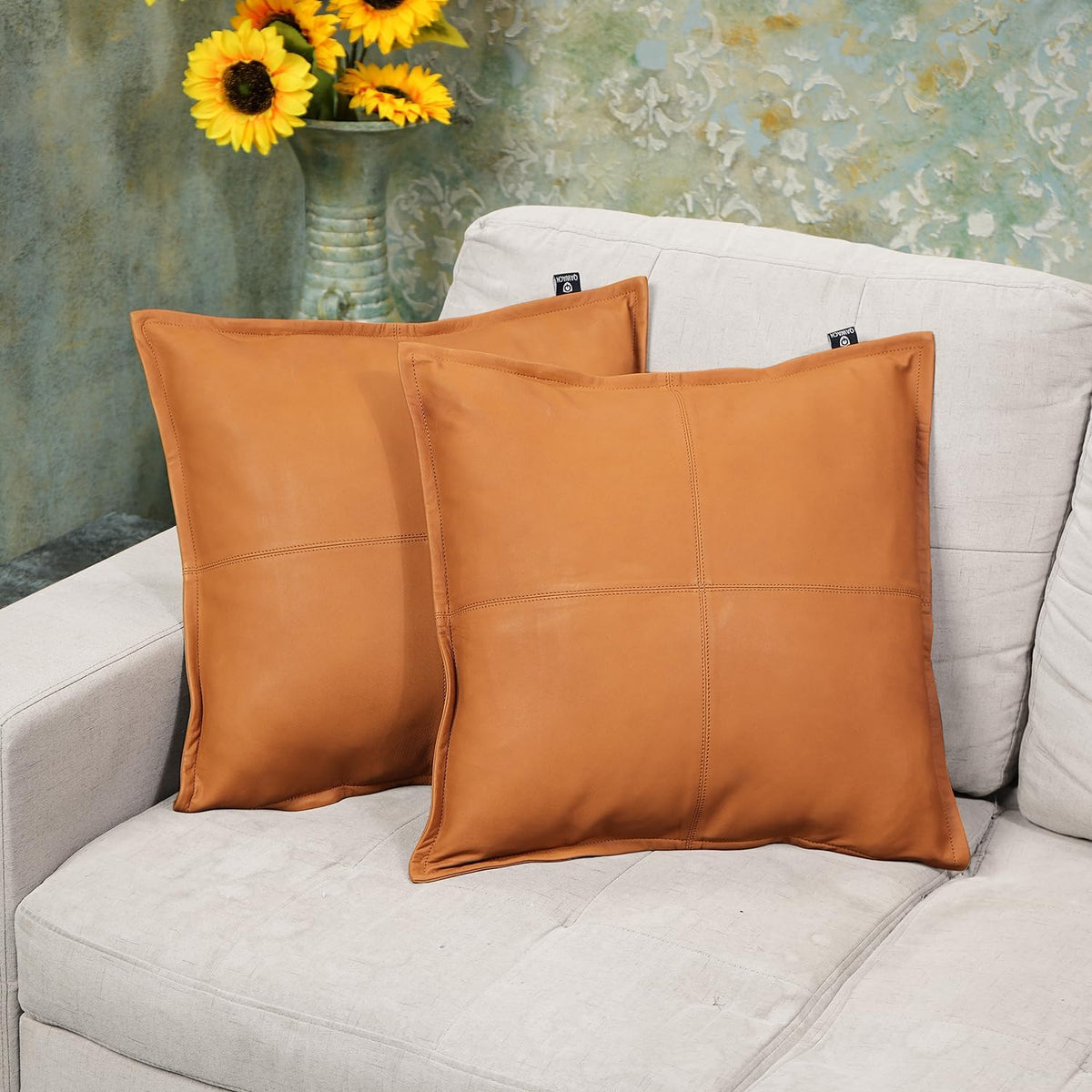 Mustard Flavia Box Leather Pillow Cover | QAWACH