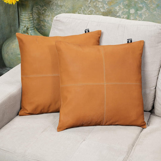 Mustard Flavia Plain Leather Pillow Cover | QAWACH
