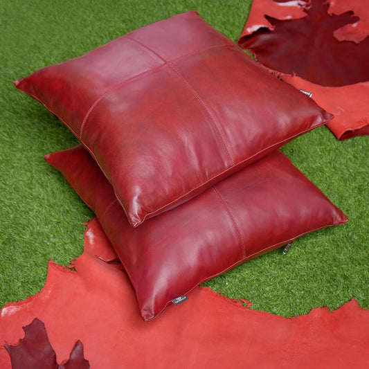 QAWACH Dark Red Genuine Leather Pillow Cover
