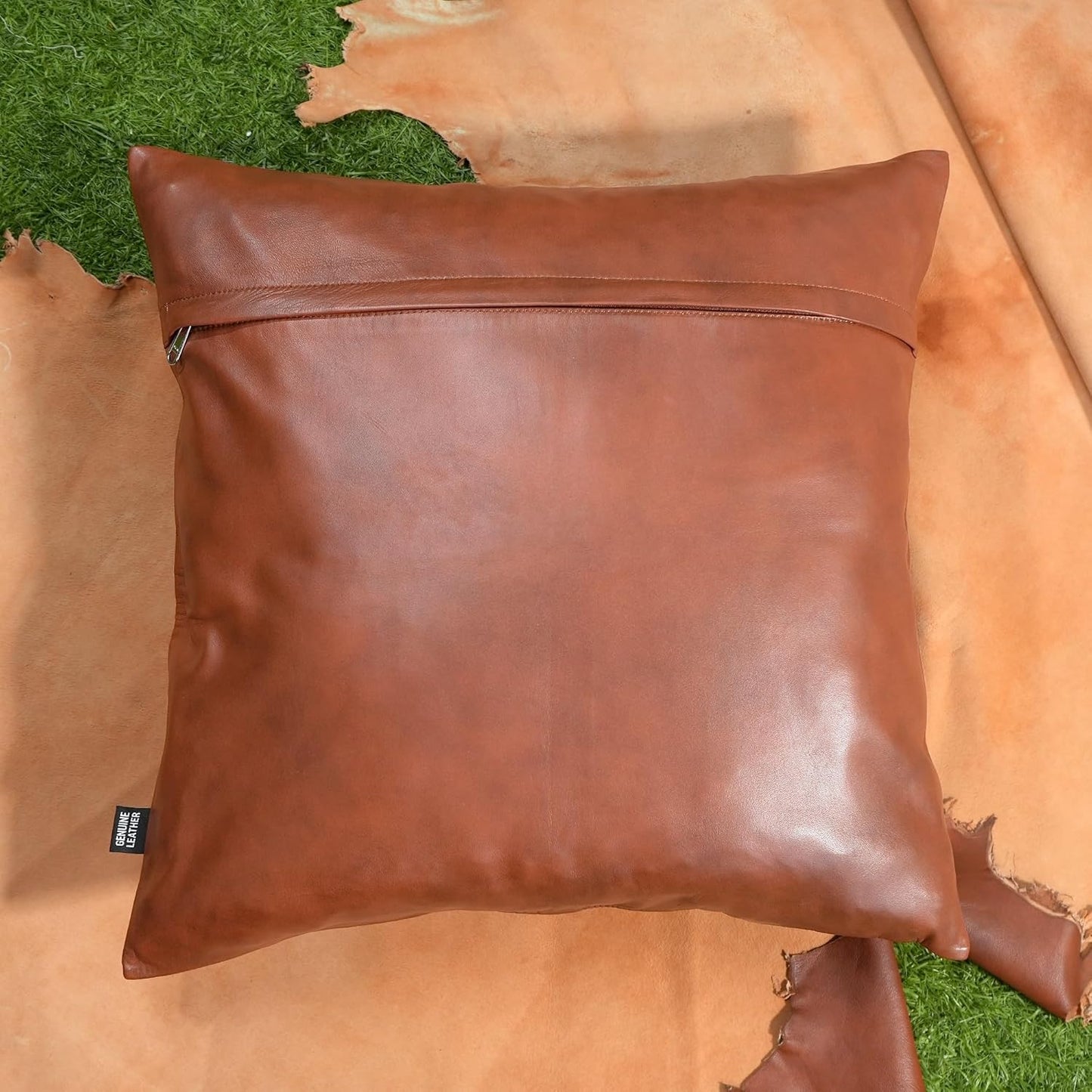QAWACH Tan Antique Brown Genuine Leather Pillow Cover
