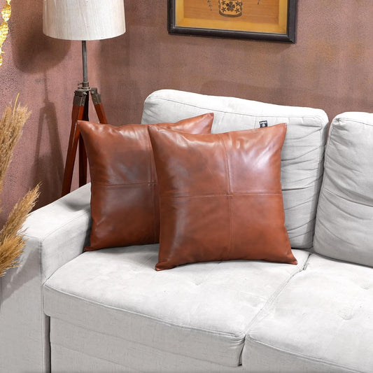 QAWACH Tan Antique Brown Genuine Leather Pillow Cover
