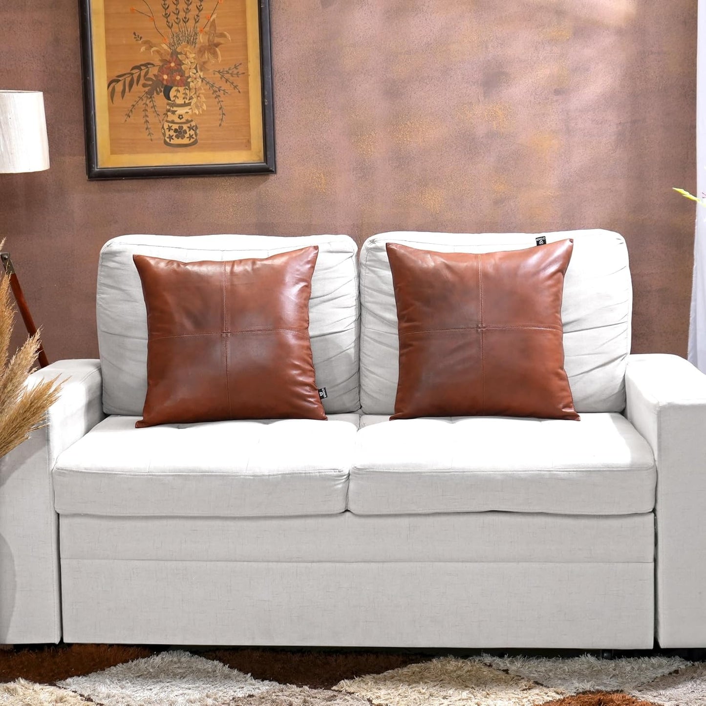 QAWACH Tan Antique Brown Genuine Leather Pillow Cover