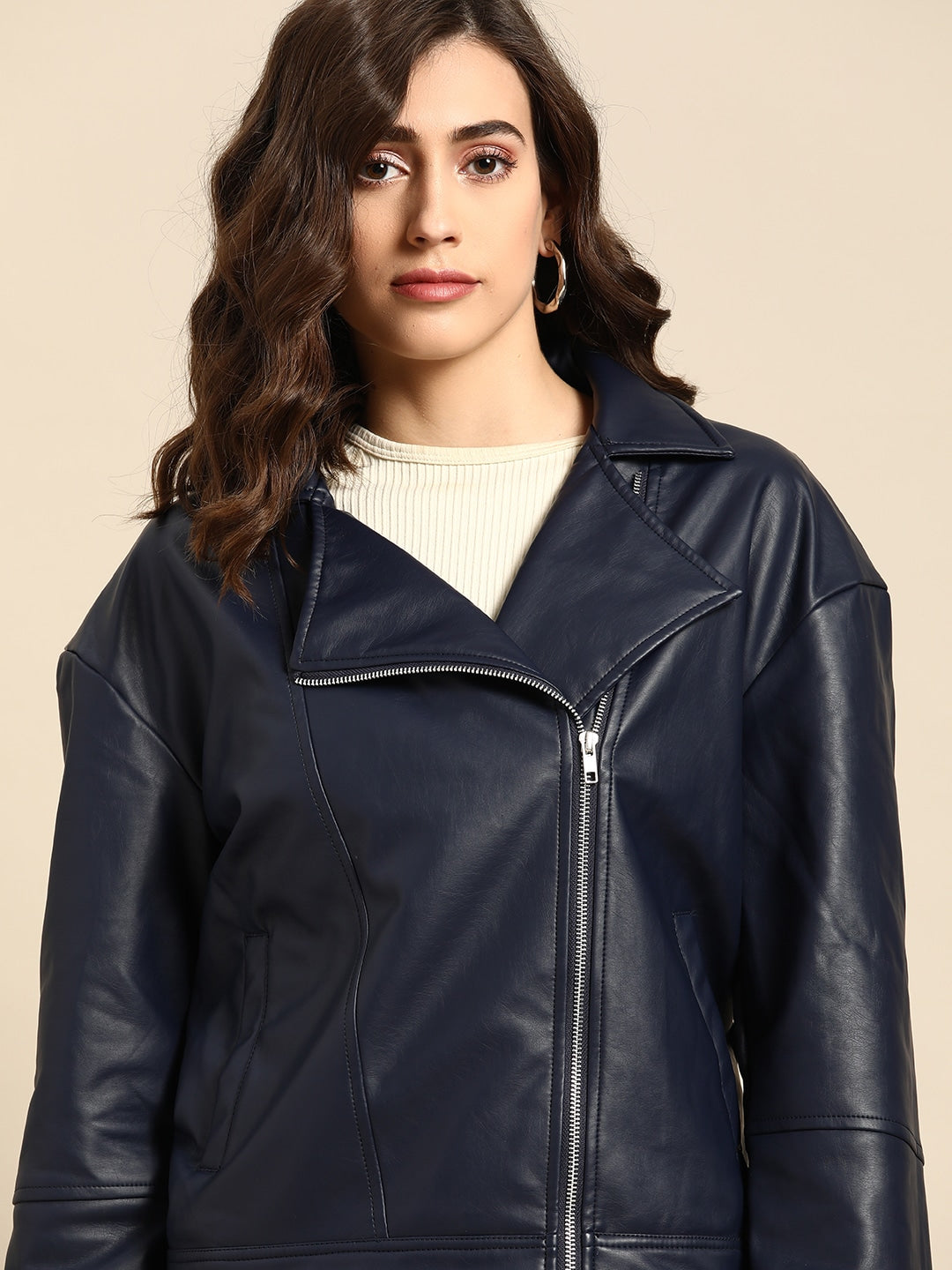 Women Navy Blue Solid Biker Jacket | QAWACH