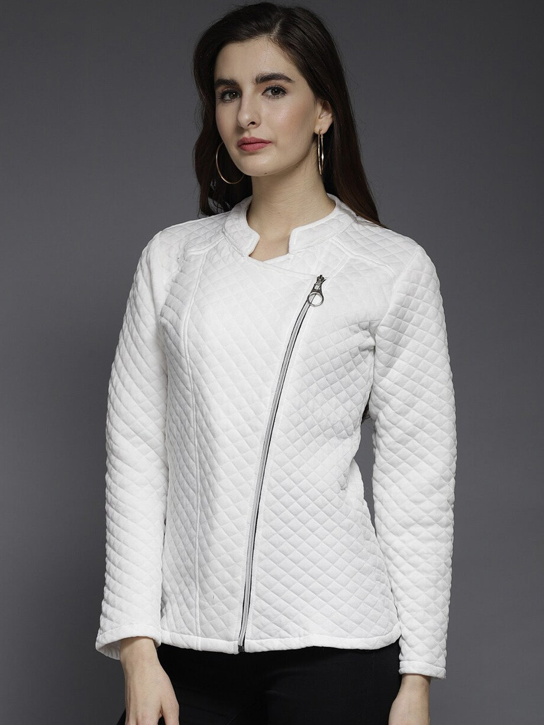 Stand Collar Self Design Fleece Biker Jacket | QAWACH