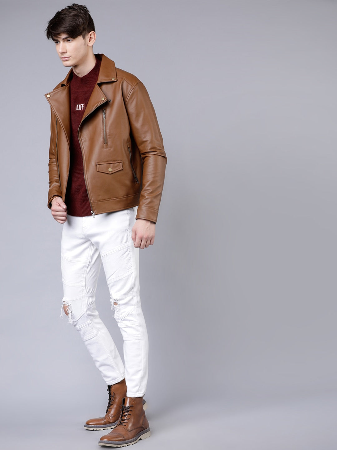 Buy Brown Leather Jacket Online | QAWACH