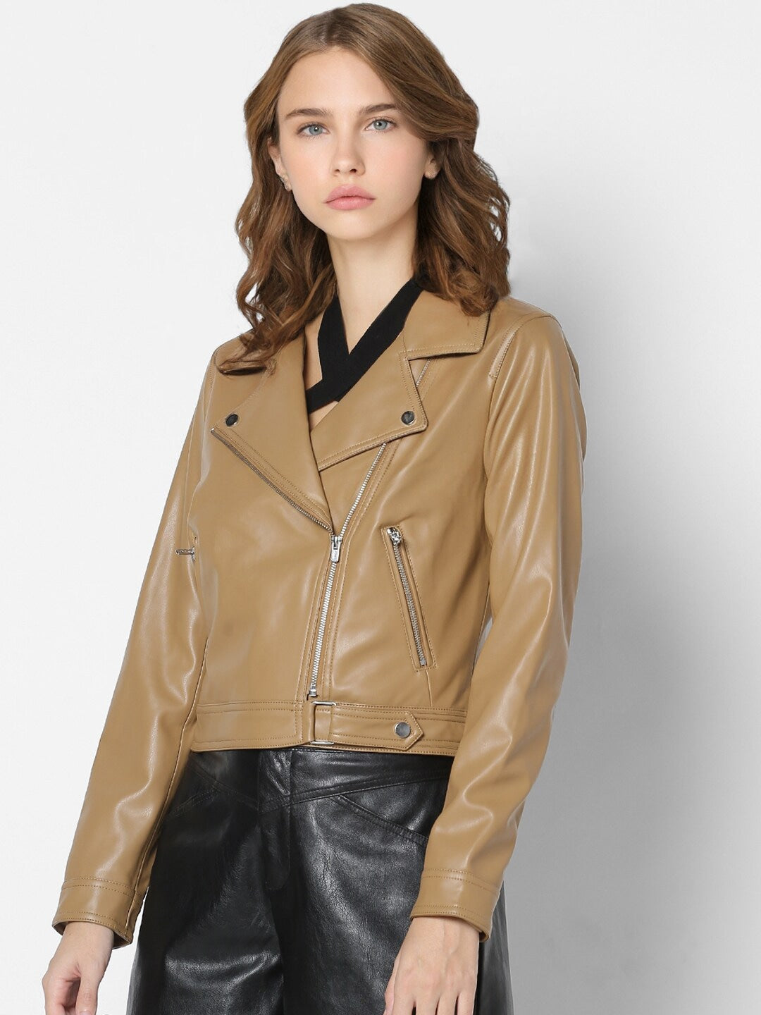 Women Brown Lightweight Crop Biker Jacket | QAWACH