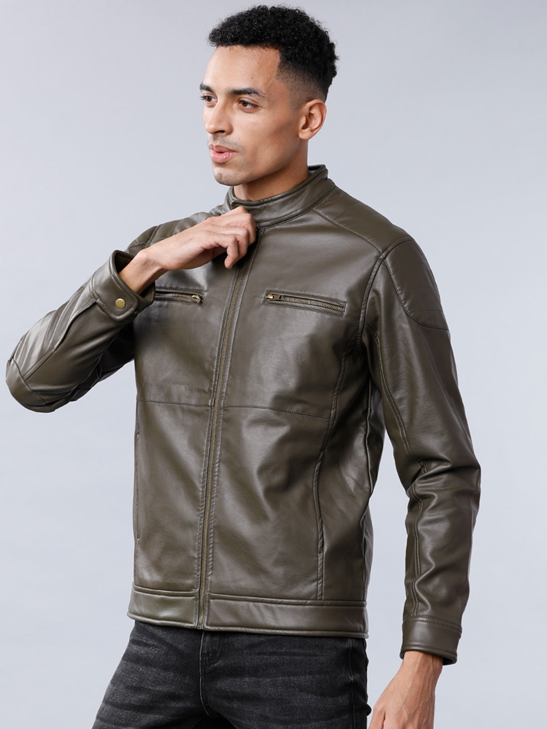Shop Men Olive Green Solid Leather Biker Jacket | QAWACH