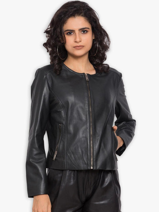 Women Black Leather Crop Outdoor Tailored Jacket | QAWACH