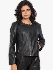 Women Black Leather Crop Outdoor Tailored Jacket - Qawach Leather