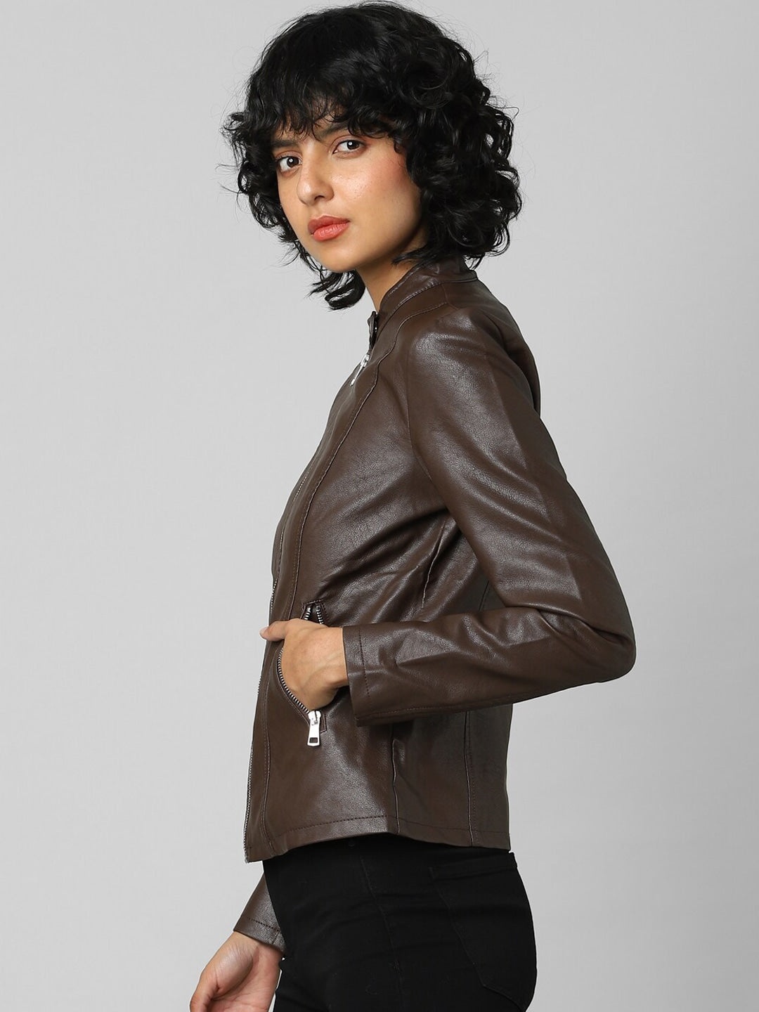 Women Brown Crop Leather Jacket | QAWACH