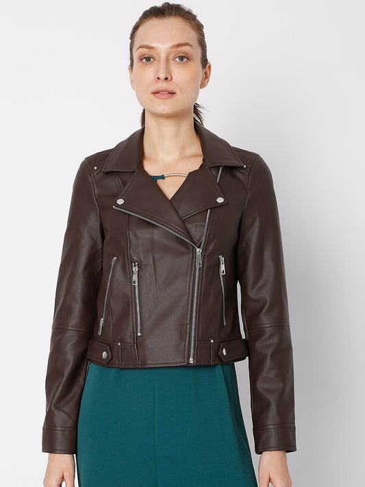 Women Coffee Solid Crop Biker Jacket | QAWACH
