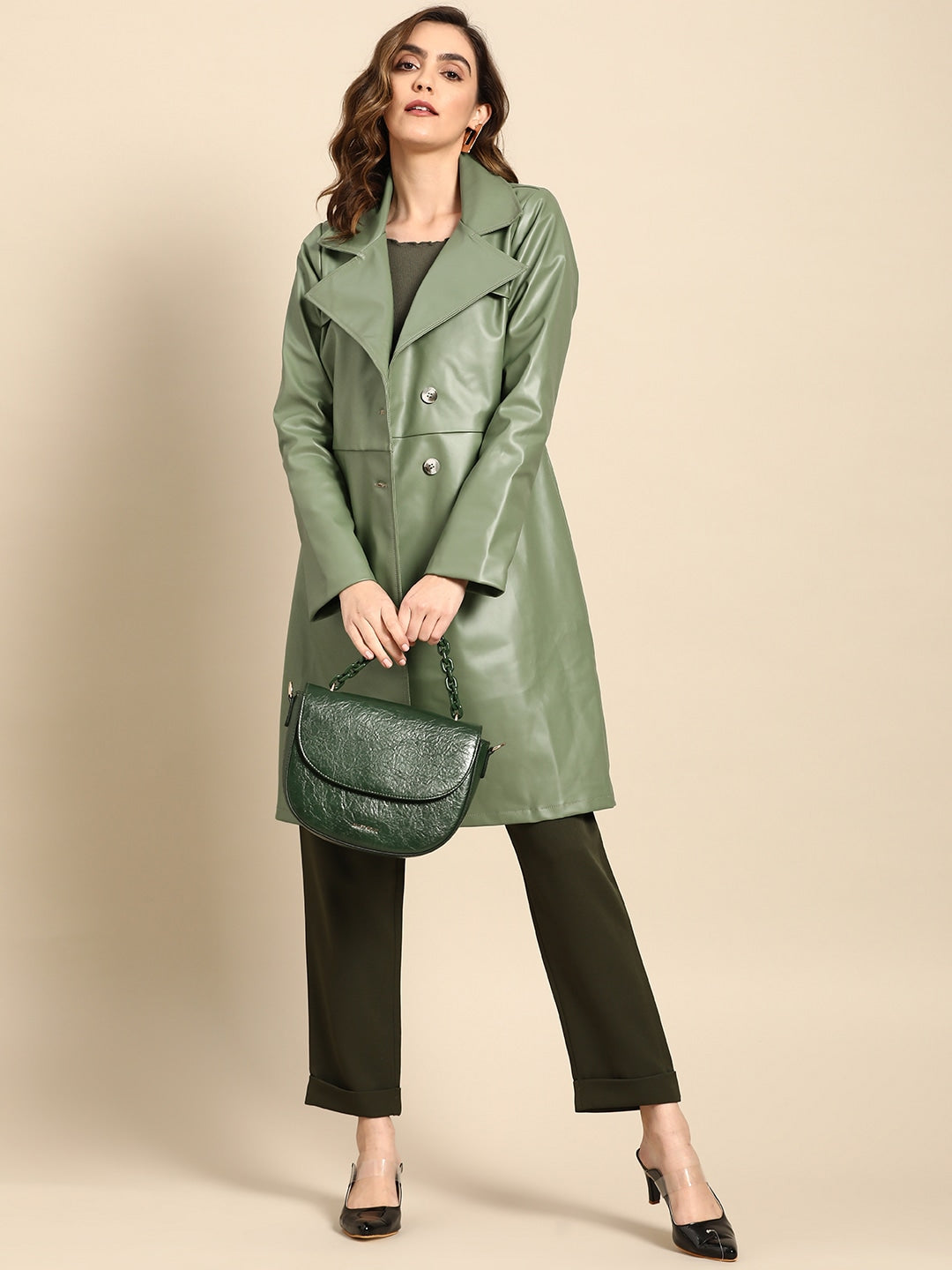Olive Green Women Leather Overcoat | QAWACH
