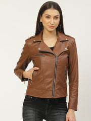 Shop Women Brown Solid Lightweight Biker Jacket | QAWACH