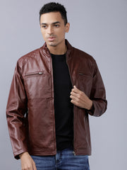 Men Burgundy Solid Leather Jacket | QAWACH