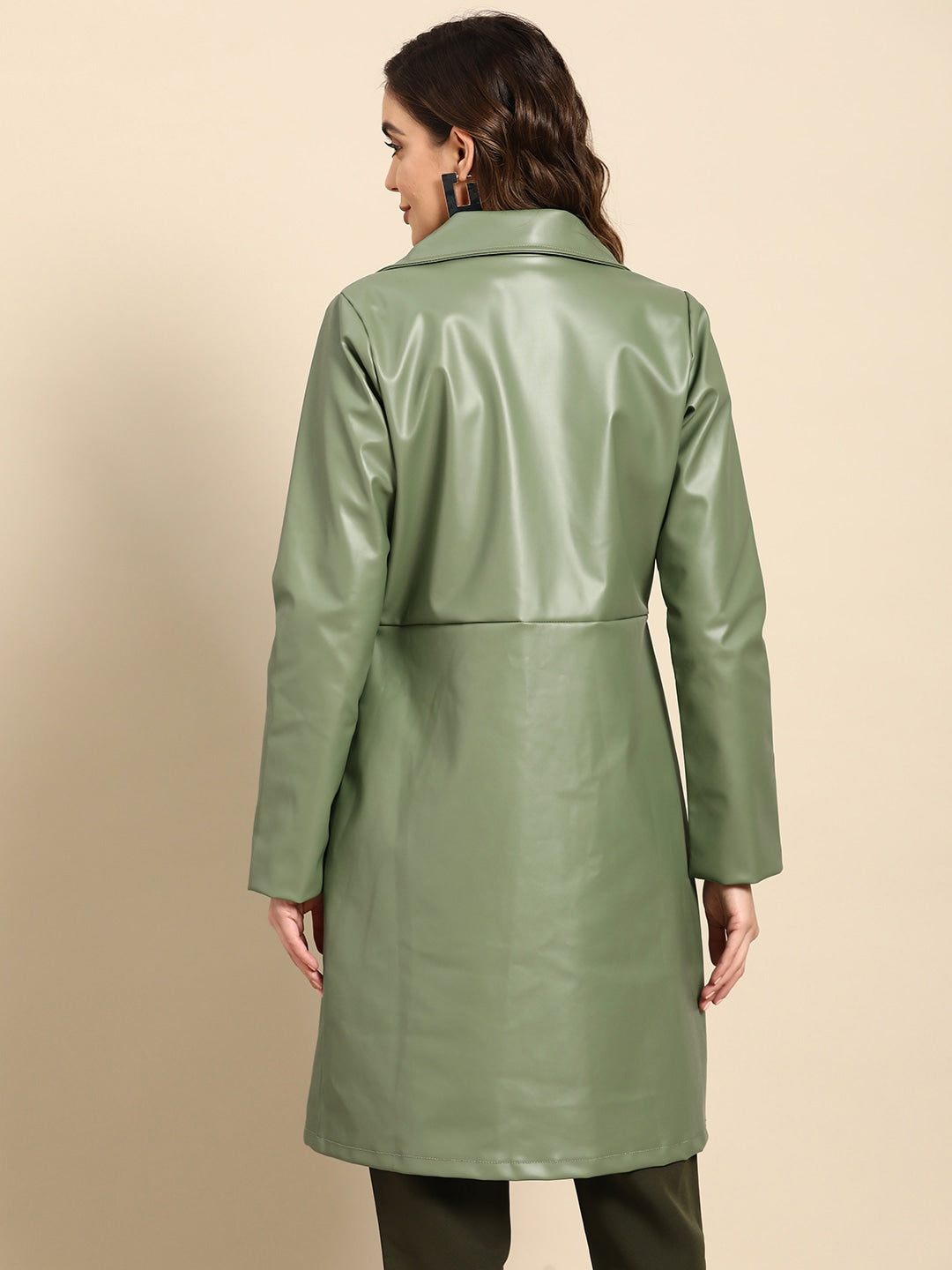 Olive Green Women Leather Overcoat | QAWACH
