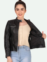 Women Black Leather Crop Outdoor Biker Jacket - Qawach Leather