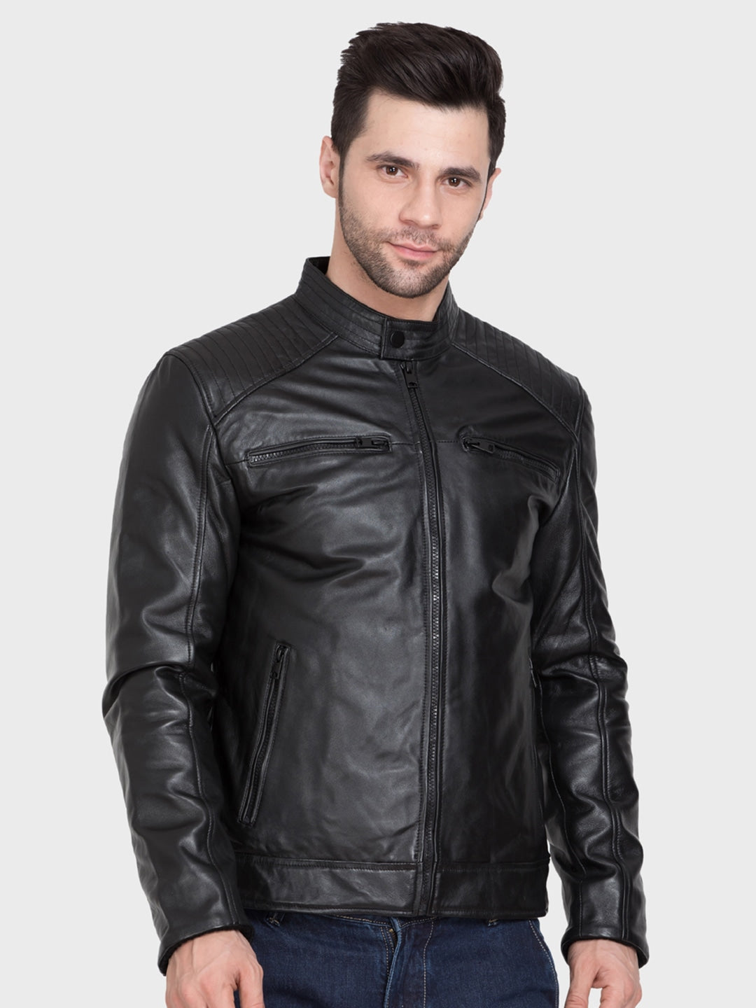Stand Collar Lightweight Leather Jacket