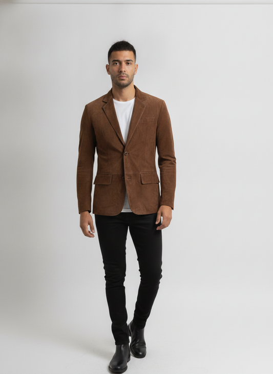 Brown Genuine Leather Suede Blazer | QAWACH