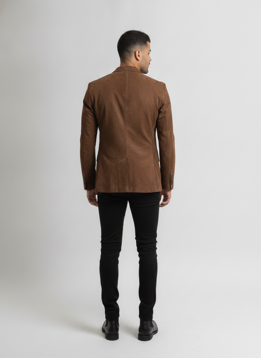 Brown Genuine Leather Suede Blazer | QAWACH