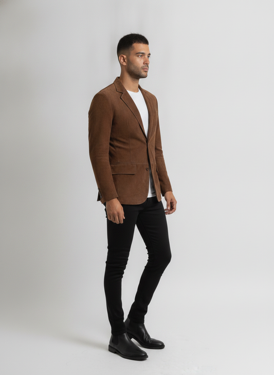 Brown Genuine Leather Suede Blazer | QAWACH