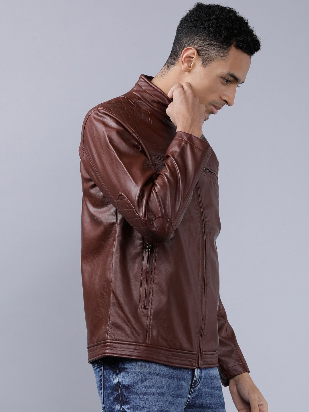Men Burgundy Solid Leather Jacket | QAWACH