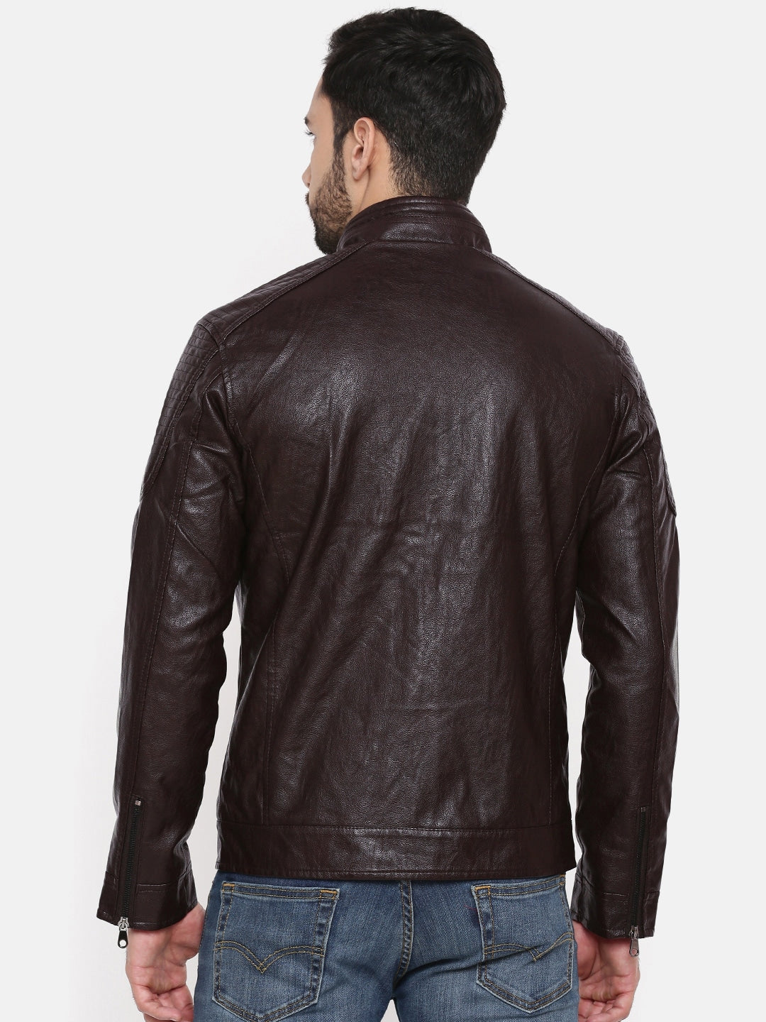 Men Solid Black Biker Leather Jacket | QAWACH
