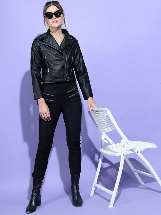 Women Black Leather Crop Biker Jacket - Qawach Leather