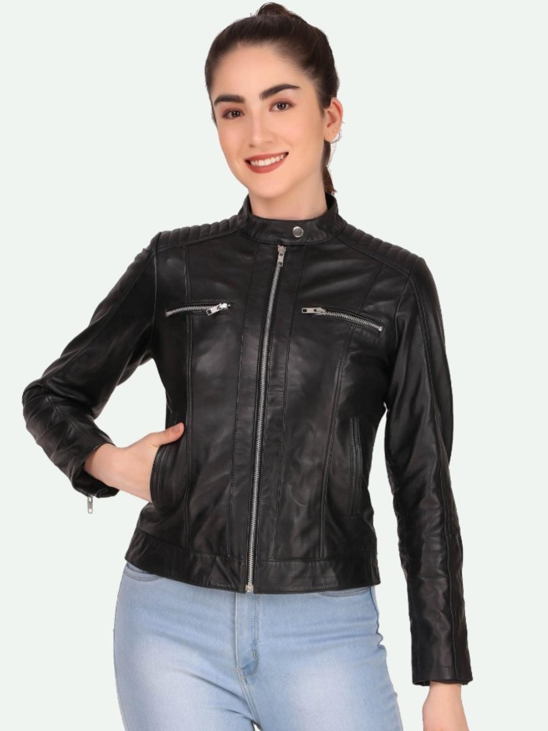 Women Black Leather Crop Outdoor Biker Jacket - Qawach Leather