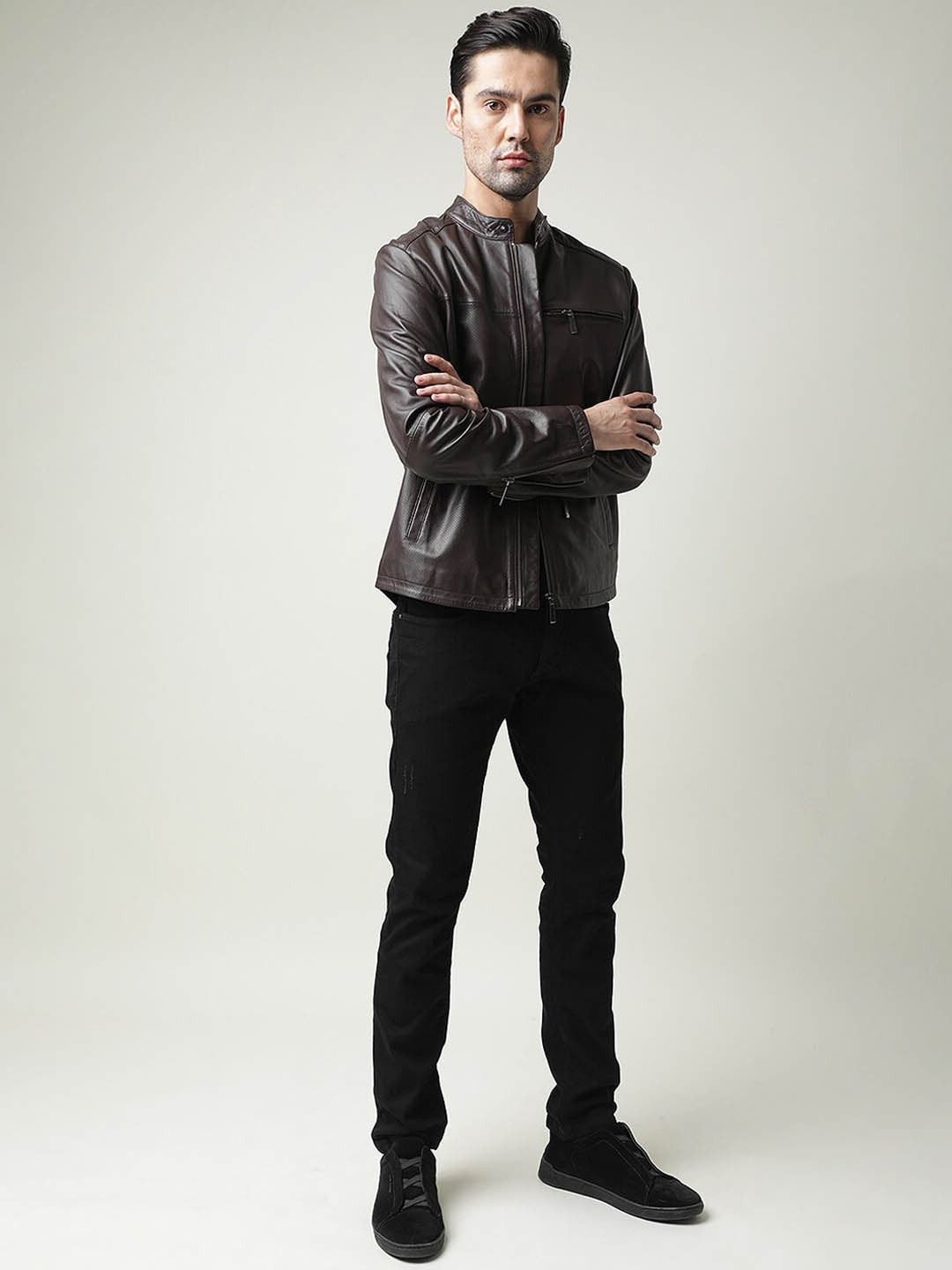 Shop Men Brown Leather Biker Jacket | QAWACH