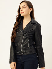Women Black Solid Lightweight Leather Jacket | QAWACH