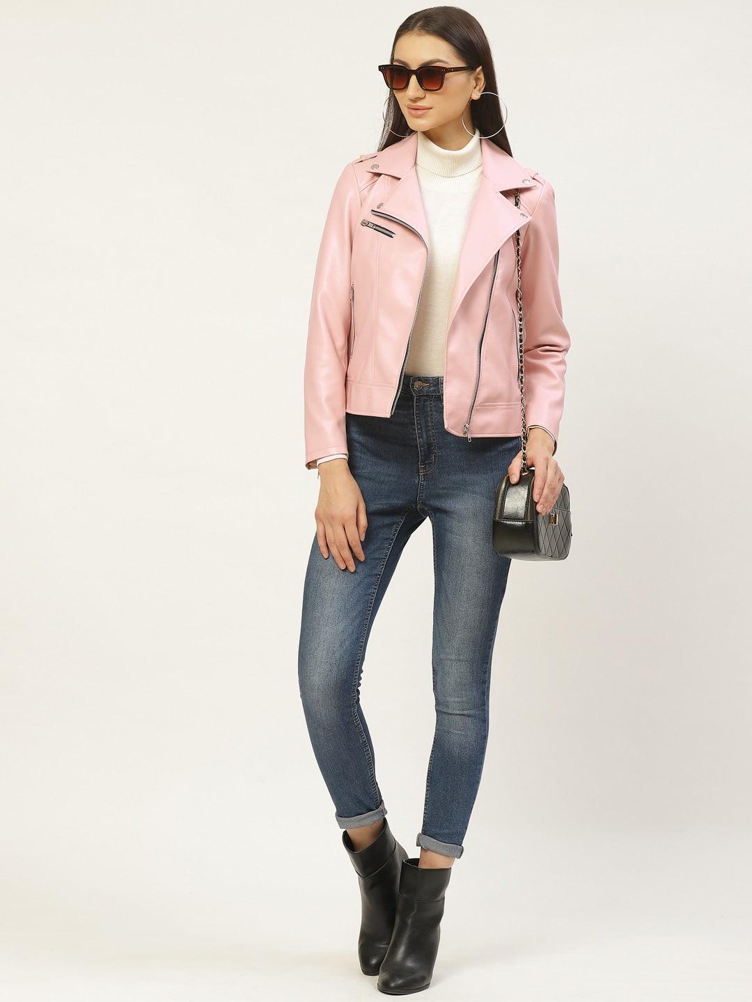Women Pink Solid Lightweight Biker Jacket - Qawach Leather