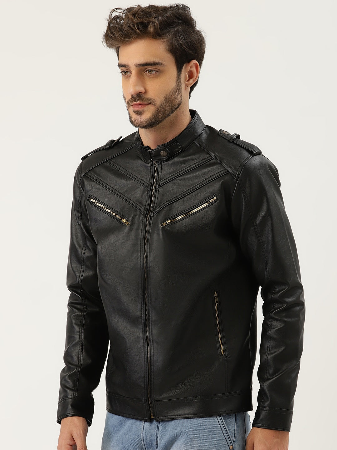 Men Black Solid Leather Jacket Online | QAWACH