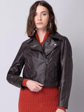 Women Brown Crop Biker Jacket | QAWACH