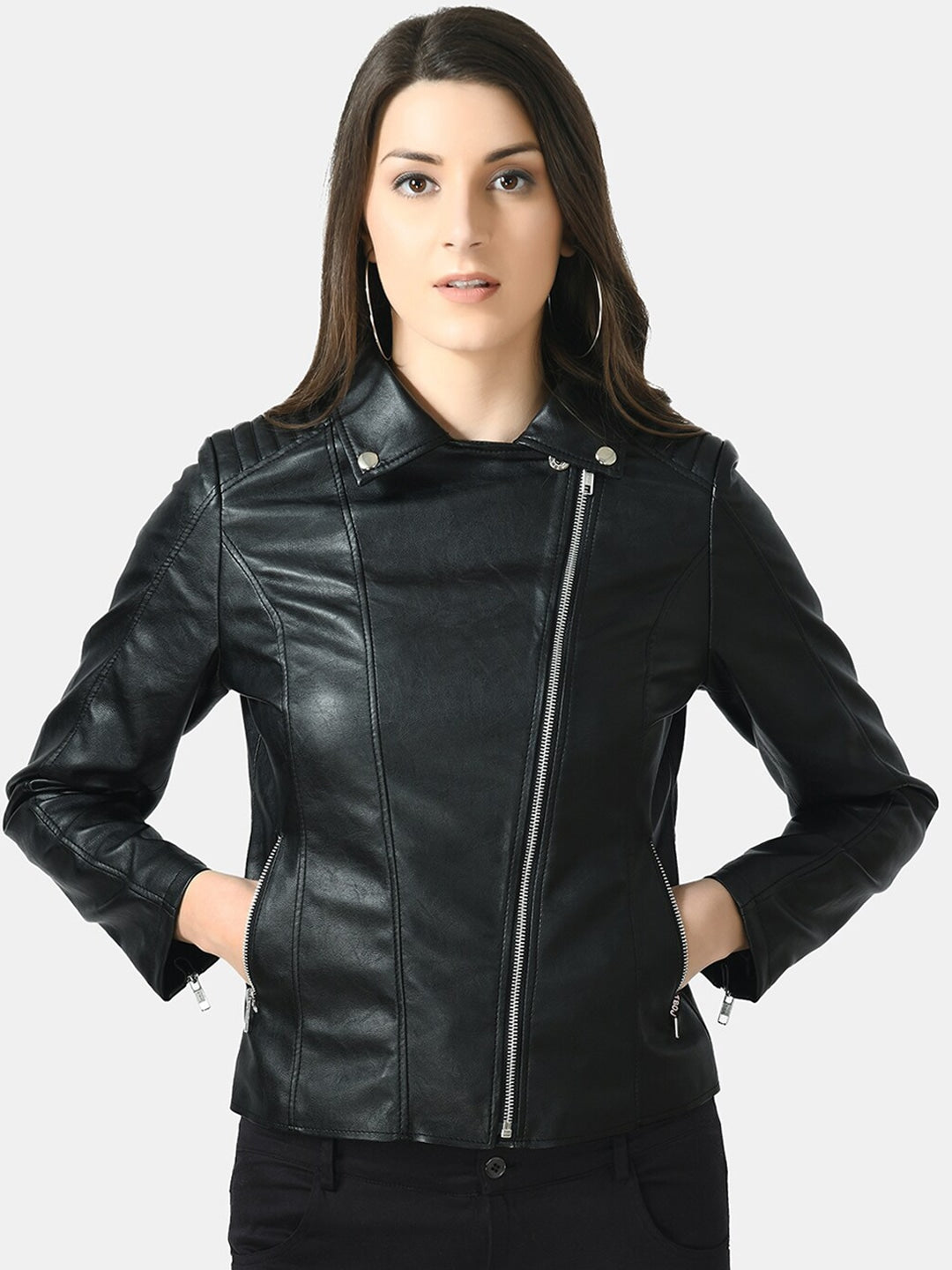 Women Black Lightweight Genuine Leather Crop Jacket | QAWACH