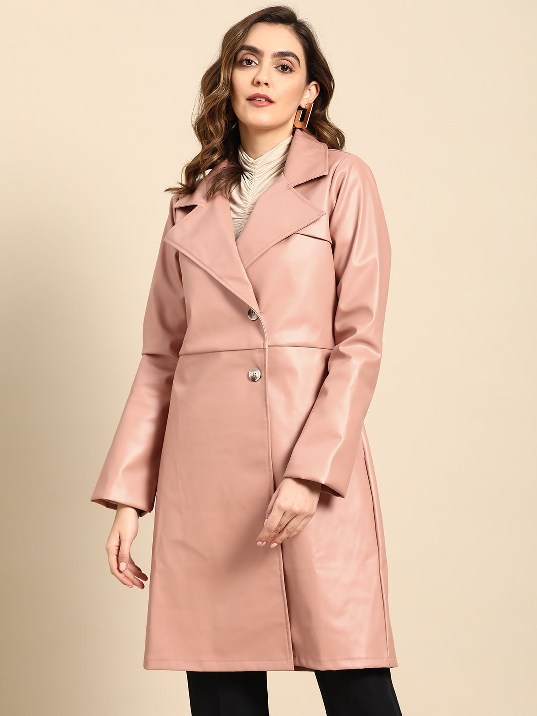 Pink Solid Women Leather Overcoat | QAWACH