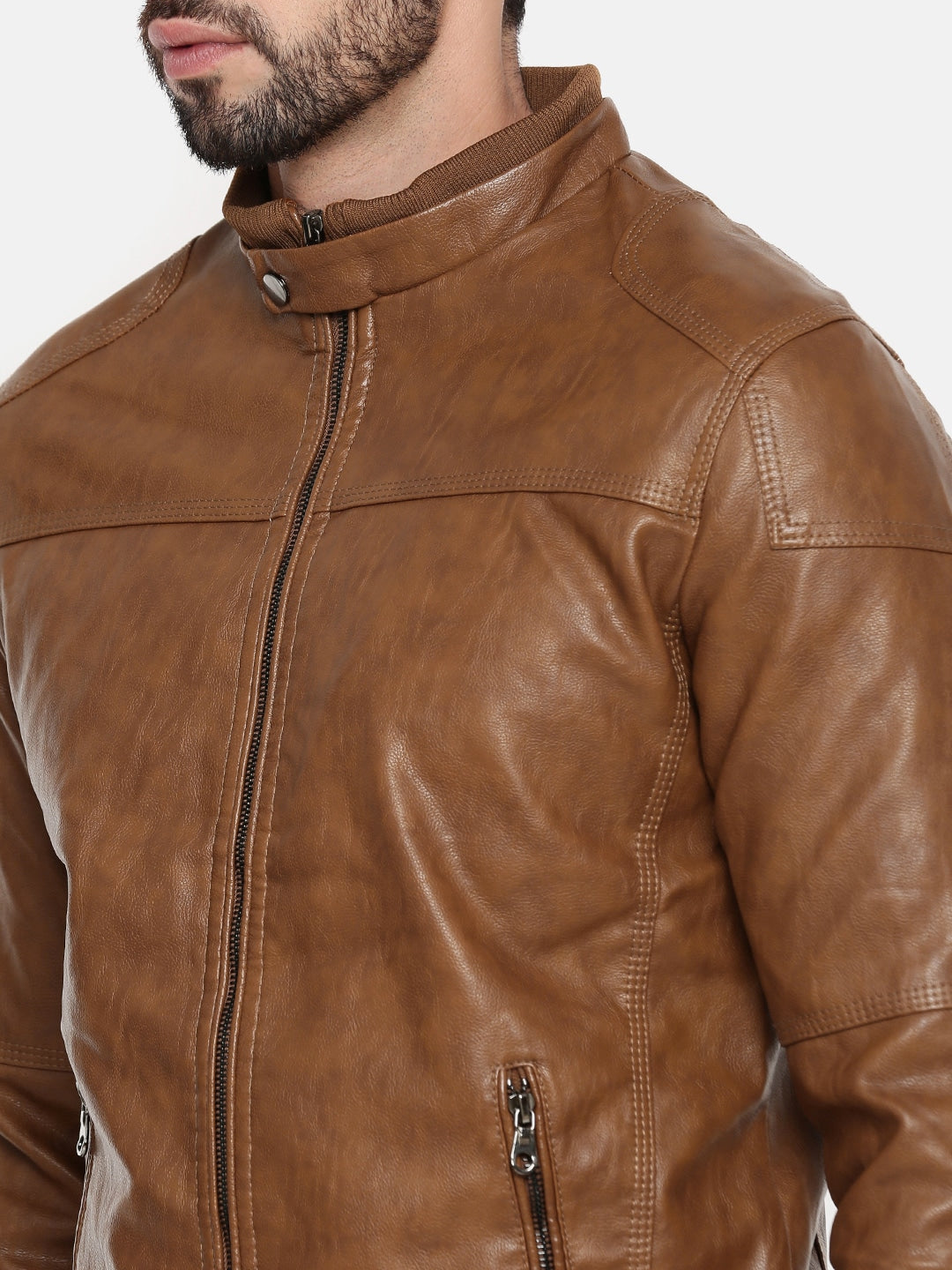 Shop Men Brown Solid Biker Jacket | QAWACH