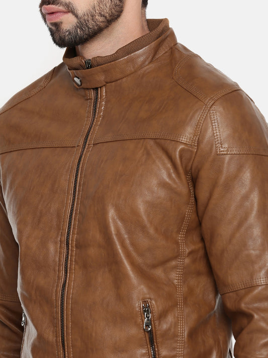 Shop Men Brown Solid Biker Jacket | QAWACH