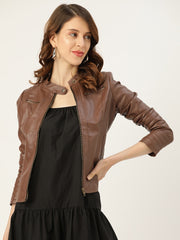 Women Brown Solid Lightweight Leather Jacket | QAWACH